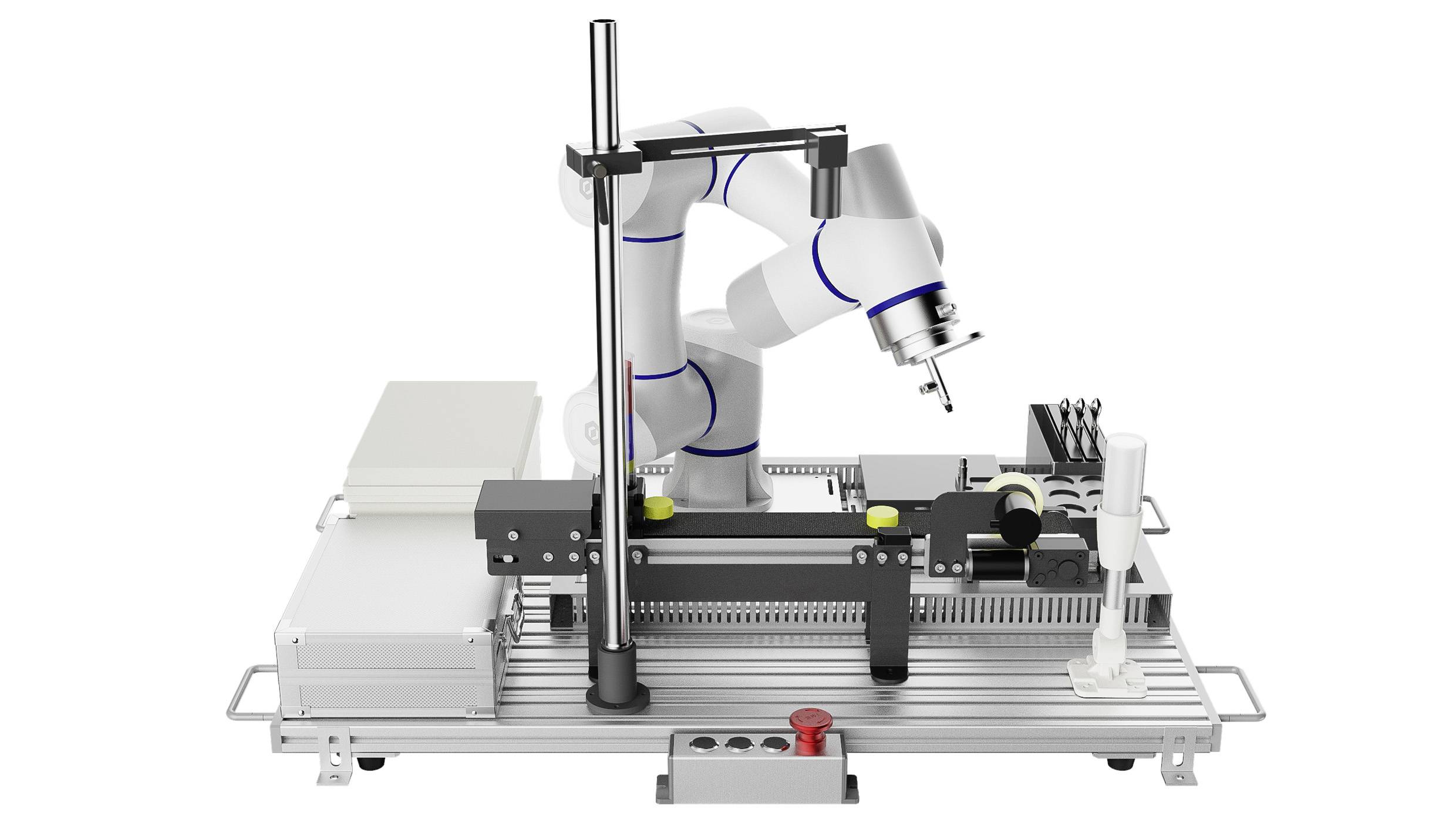 Robotické rameno v laboratorním prostředí, vybavené pro provádění přesných pohybů, pracující na dopravníkovém systému s různými nástroji a komponenty.