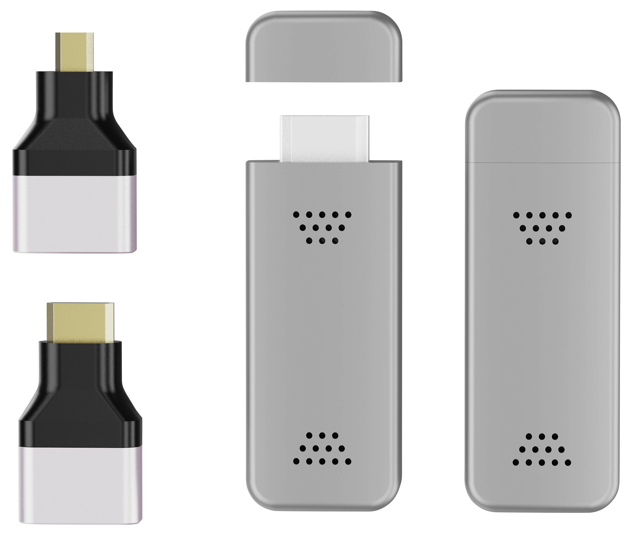 Obrázek dvou elektronických zařízení, jedno v černé a zlaté barvě, druhé stříbrné, obě s perforovanými předními panely, pravděpodobně pro větrání.