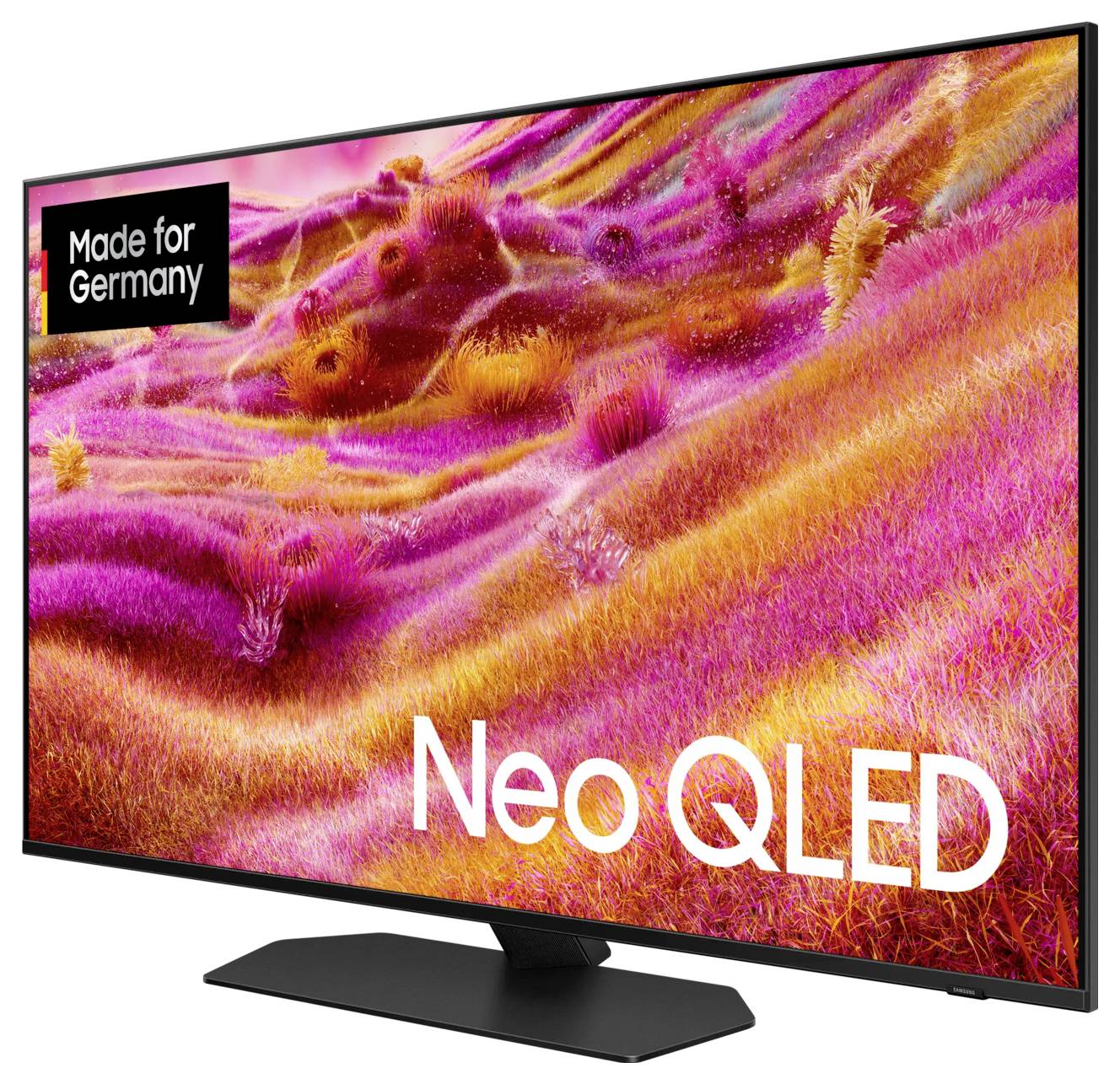 Televizor s technologií Neo QLED a živým, barevným zobrazením na obrazovce. V levém horním rohu štítek 'Made for Germany'.