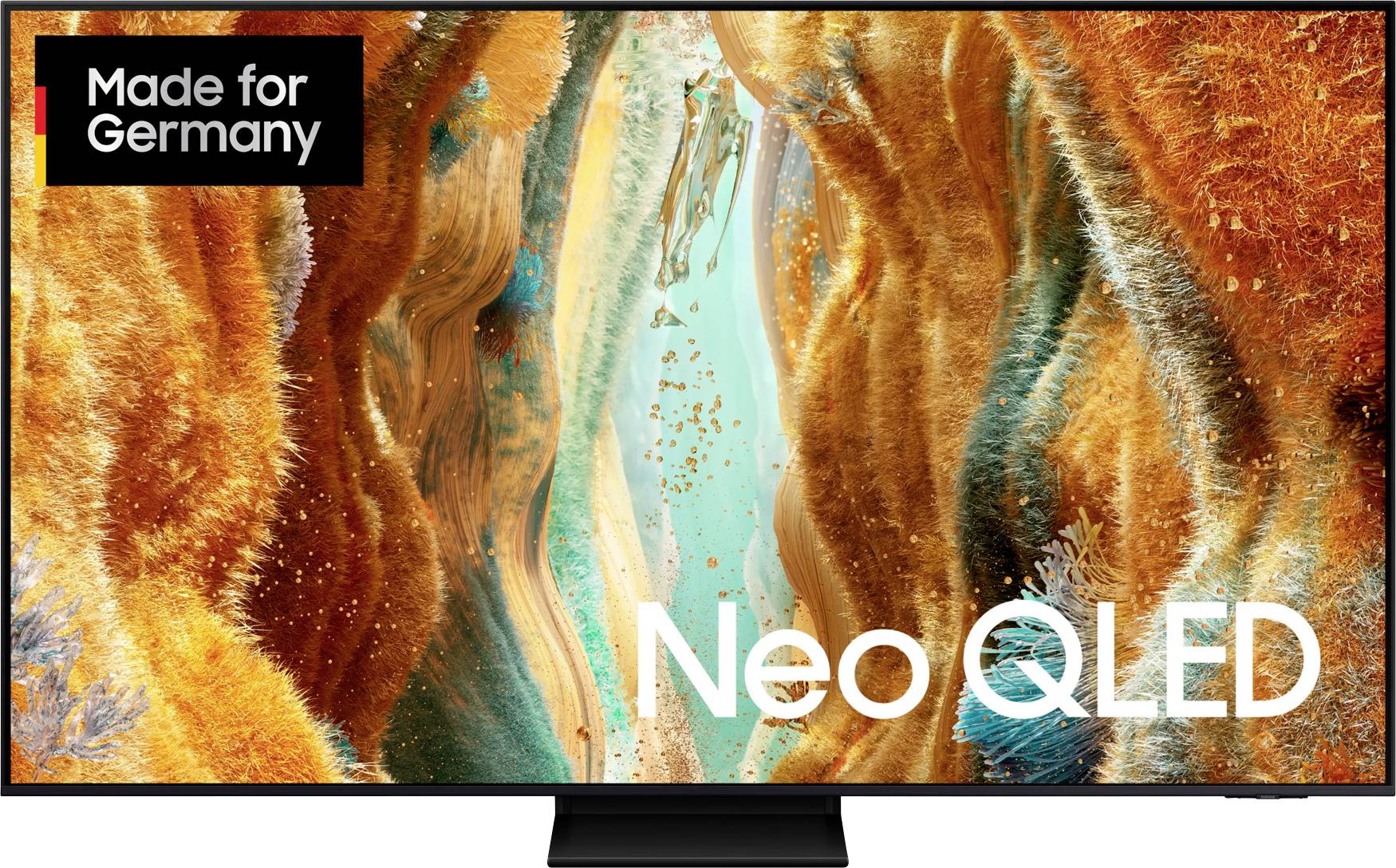 Televizor 'Neo QLED' se zářivým, abstraktním vzorem na obrazovce a textem 'Made for Germany' v rohu.