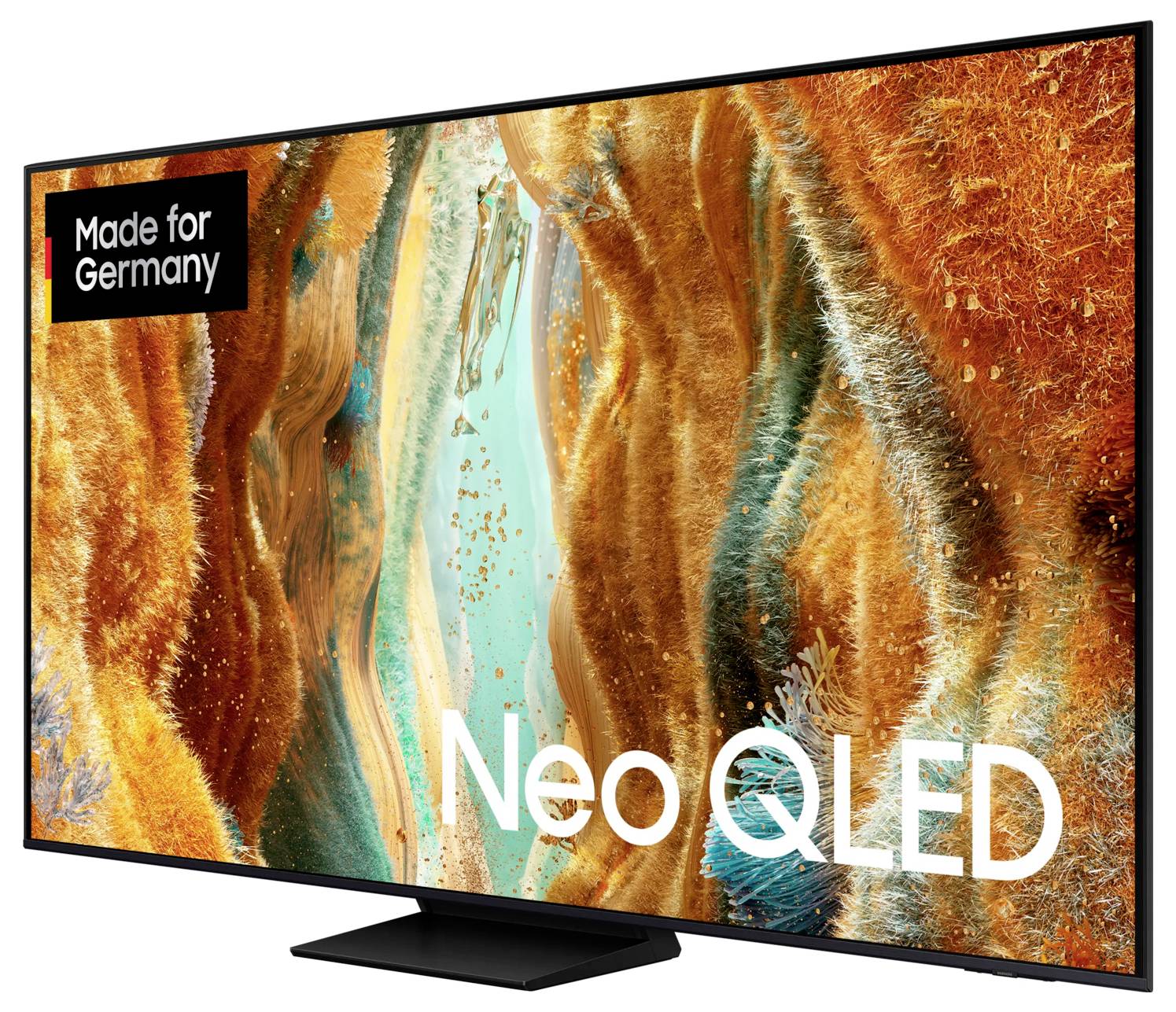 Velký televizor s úzkým rámečkem zobrazuje abstraktní obraz v zářivých barvách. Nápis: 'Made for Germany' a 'Neo QLED'.