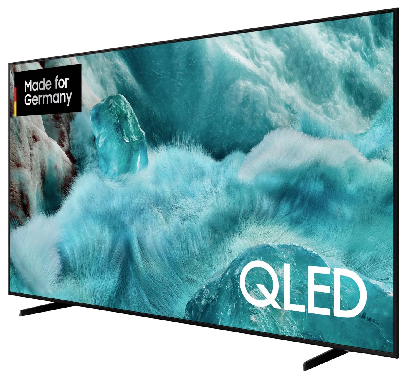 Televizor s modro-zelenou grafikou na obrazovce, označený nápisem 'Made for Germany' a 'QLED'.