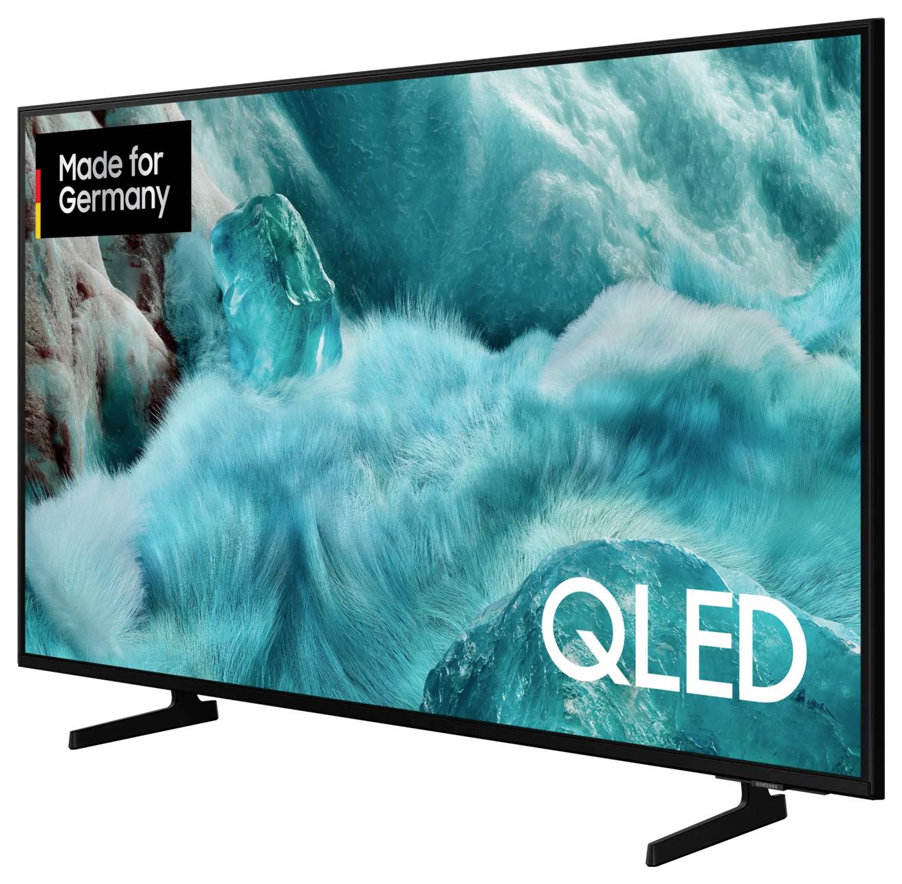 Televizor s nápisem 'Made for Germany' a 'QLED' zobrazuje na obrazovce obrázek tyrkysových ledových krystalů.