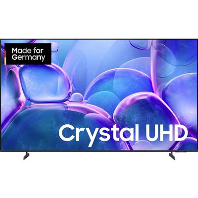 Televizor s modro-fialovým pozadím obrazovky. Text vlevo nahoře: 'Made for Germany'. Text vpravo dole: 'Crystal UHD'.