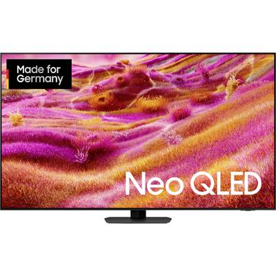 Televizor s barevným Neo QLED displejem plným živých magentových a oranžových tónů. Text 'Made for Germany' a 'Neo QLED'.