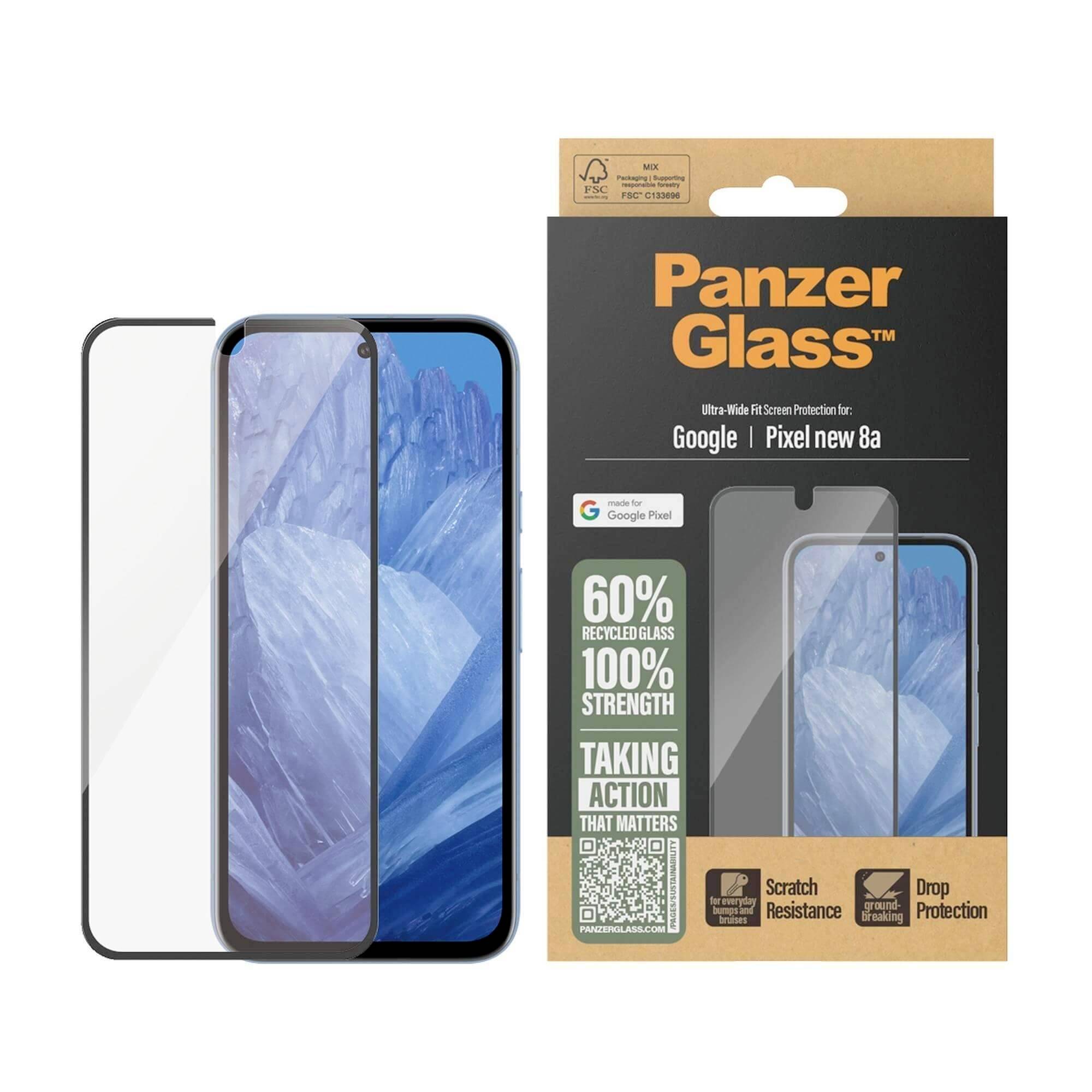Dvě ochranné fólie na displej pro Google Pixel 8a v balení, které zdůrazňuje 60% recyklovaného skla, odolnost proti škrábancům a ochranu před pádem.