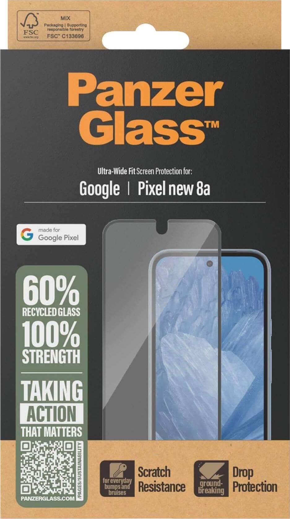 Ochranné sklo PanzerGlass pro Google Pixel 8a. Vlastnosti: 60% recyklovaného skla, 100% pevnosti, odolnost proti škrábancům, ochrana před nárazy.