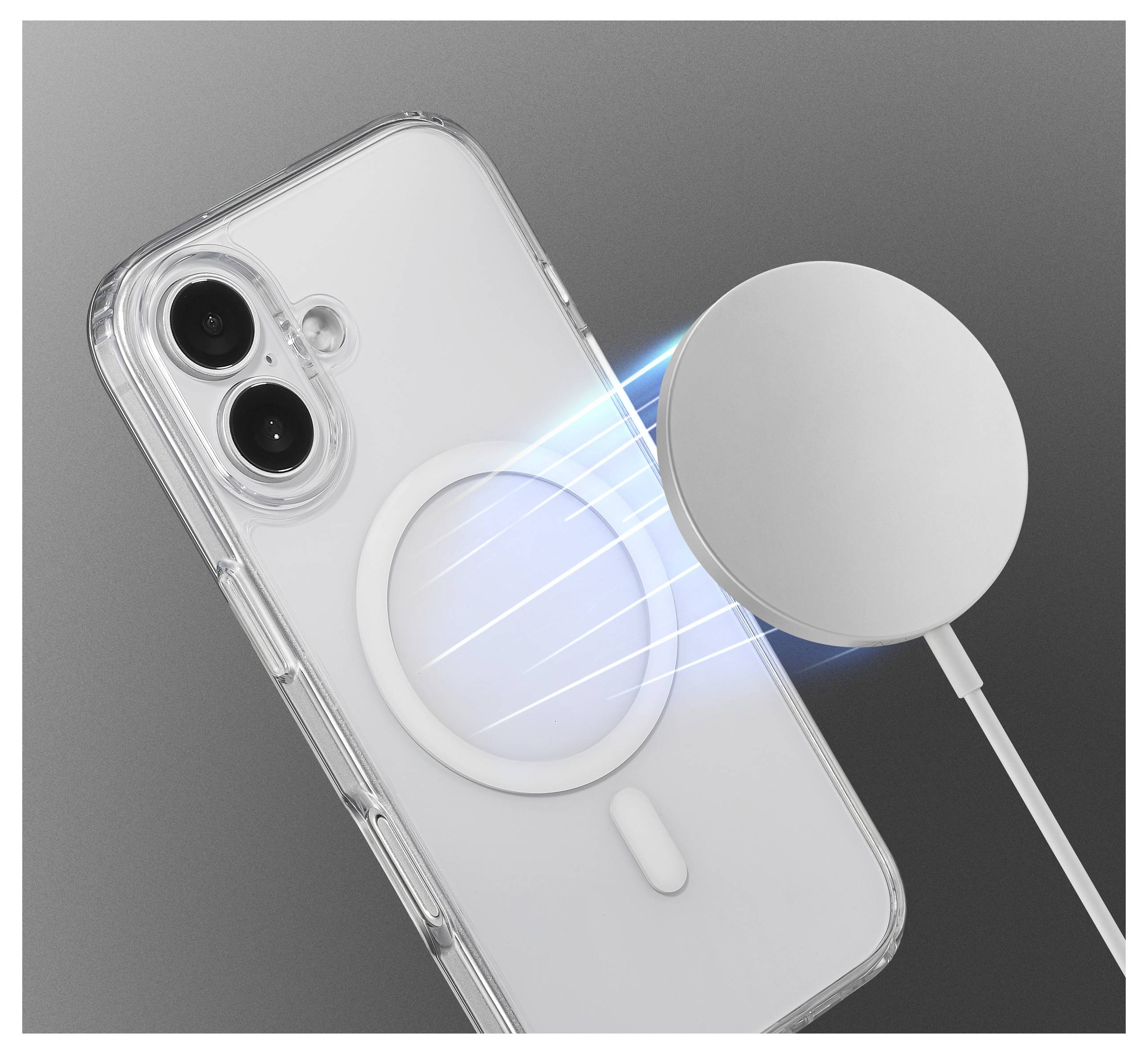 Telefon s průhledným pouzdrem zobrazující magnetickou nabíjecí přílohu poblíž zařízení, který naznačuje schopnost bezdrátového nabíjení.