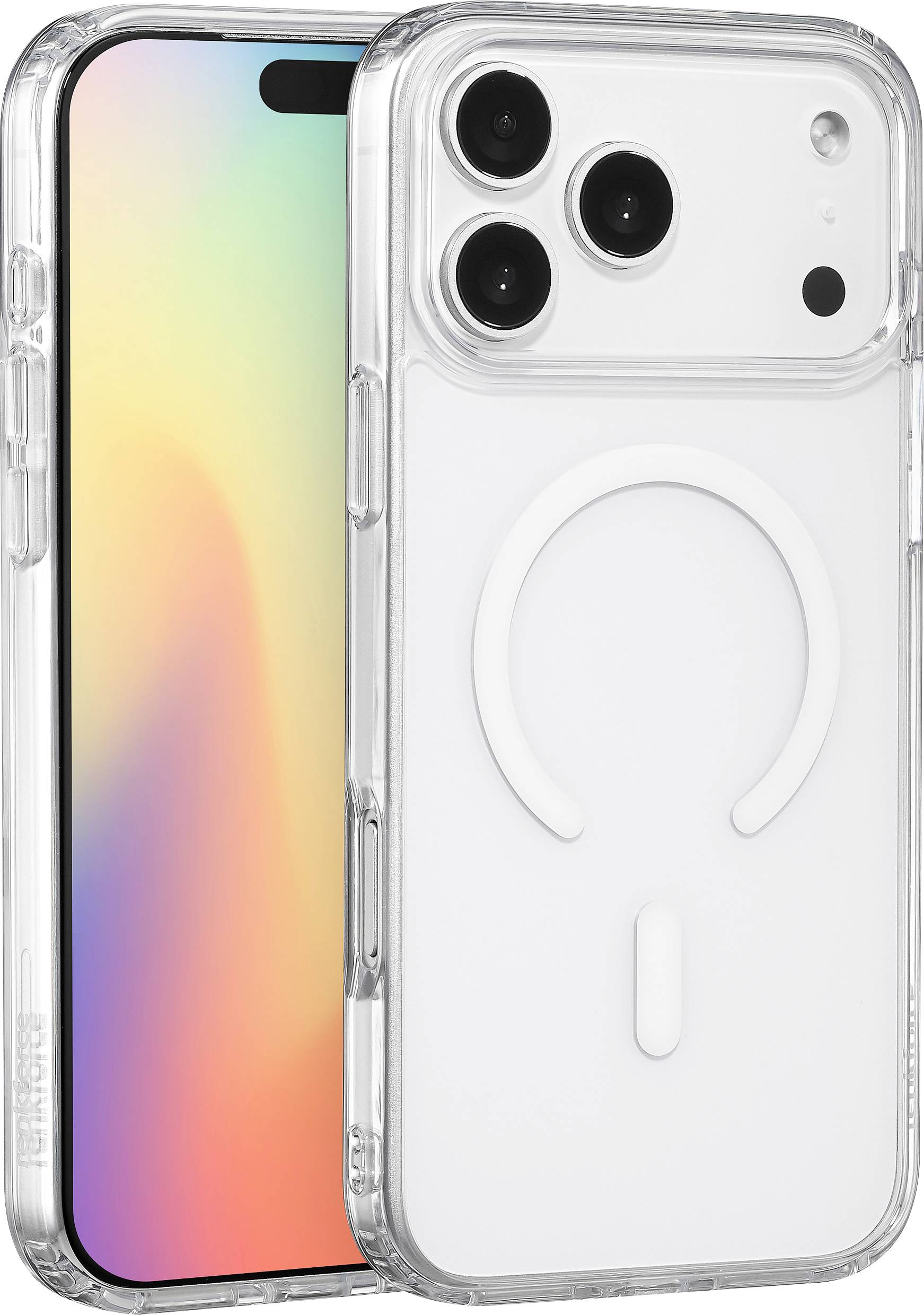 Chytrý telefon s duhovým gradientním displejem a průhledným ochranným pouzdrem s kruhovým designem na zadní straně.