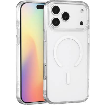 Chytrý telefon s duhovým gradientním displejem a průhledným ochranným pouzdrem s kruhovým designem na zadní straně.
