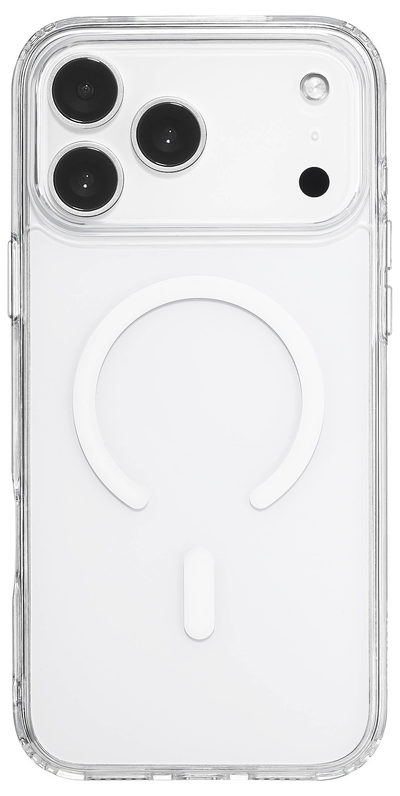 Průhledný smartphone kryt s třemi otvory pro fotoaparáty a kruhovým designem MagSafe, vyznačující se minimalistickým a elegantním vzhledem.