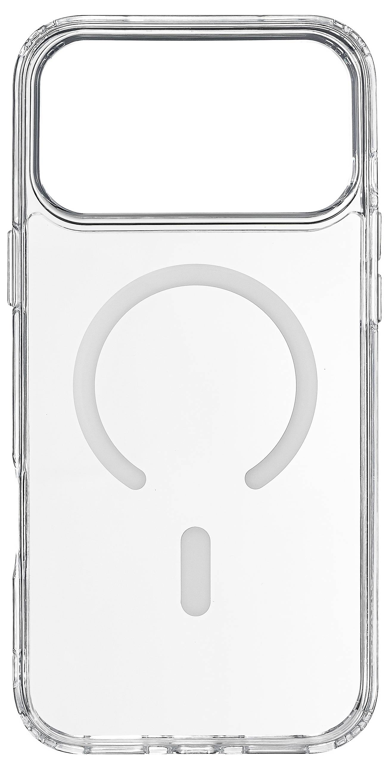 Průhledný telefonní kryt s integrovanou technologií MagSafe, který má na zadní straně kruhový magnetický zarovnávací vzor pro připojení příslušenství.