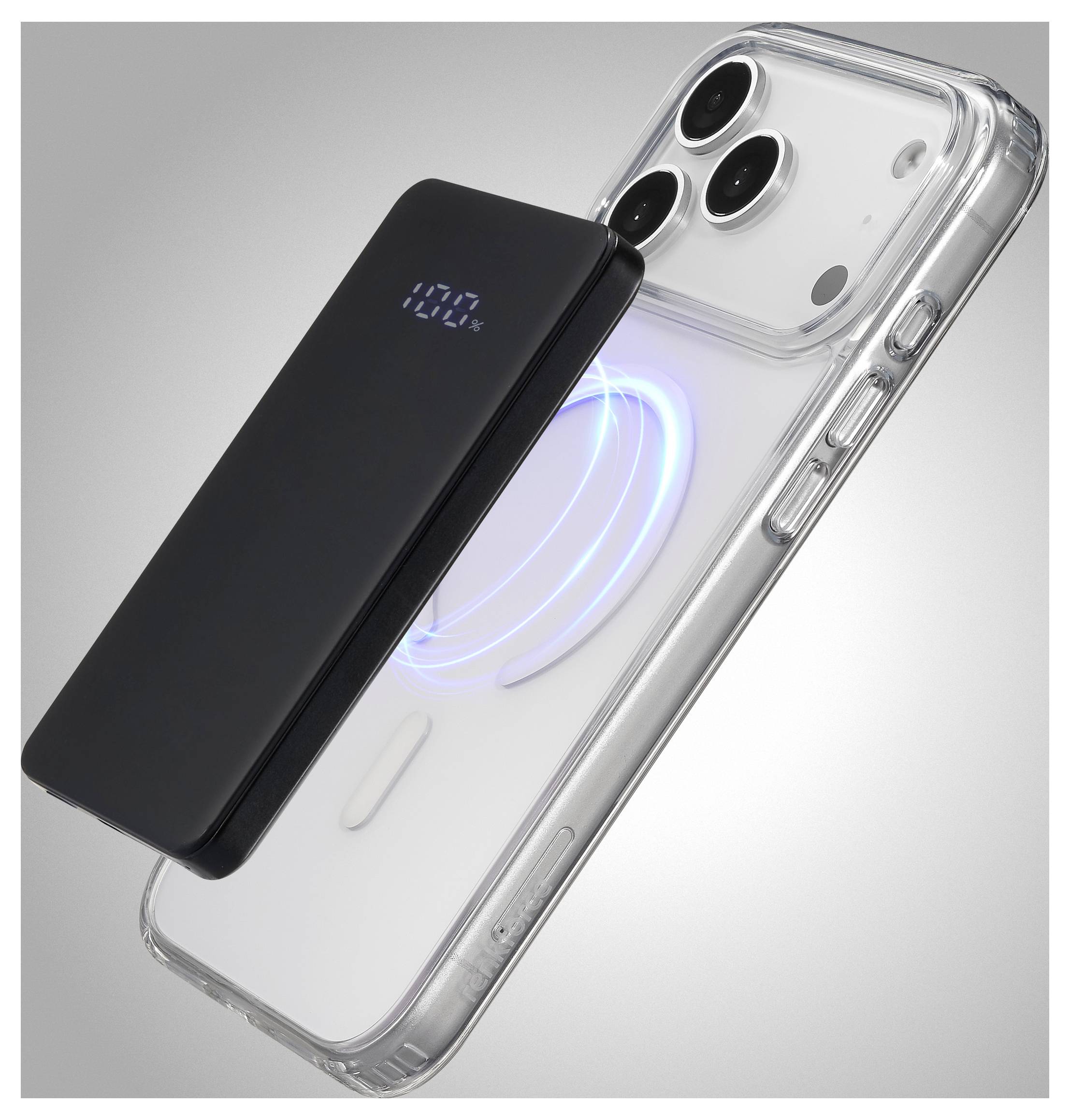 Chytrý telefon s průhledným zadním krytem zobrazující vnitřní komponenty, včetně indikátoru bezdrátového nabíjení.