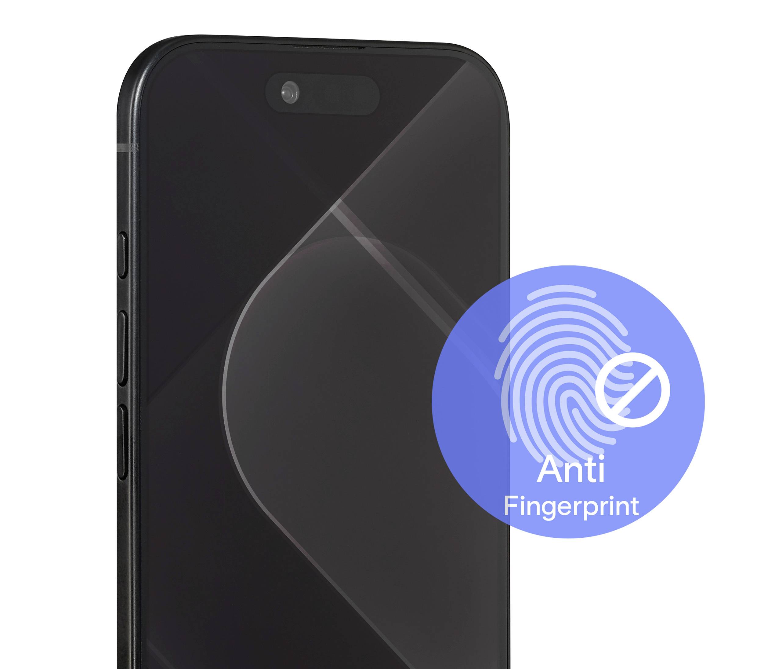 Chytrý telefon s tmavým displejem zobrazující modrou kruhovou emblémem s ikonou otisku prstu a textem 'Anti Otisk prstu'.