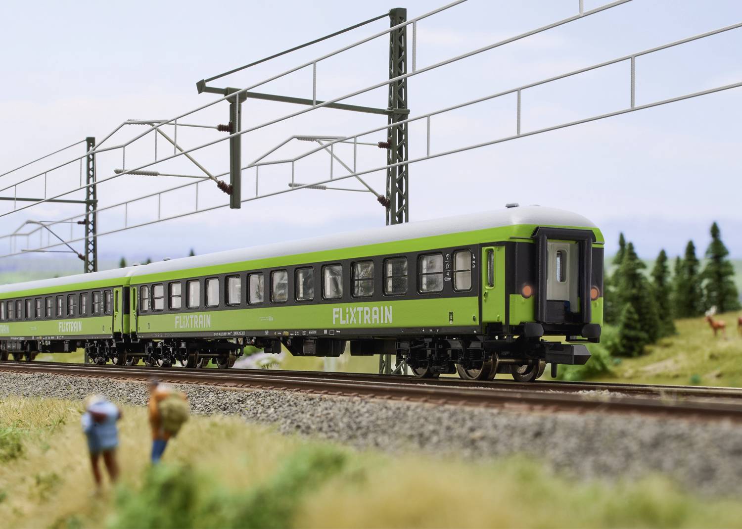 Zelený vlak s nápisem 'FlixTrain' jede po železniční trati venkovskou krajinou. V popředí jsou vidět dvě rozmazané osoby.