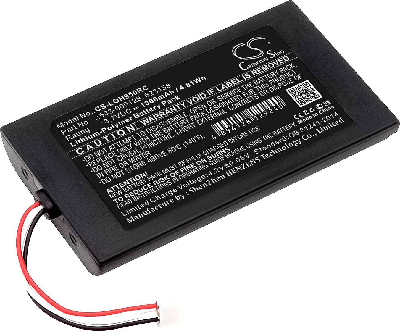 Obdélníková baterie s etiketou zobrazující technické specifikace jako číslo modelu, napětí (3,7V) a kapacitu (2400mAh).