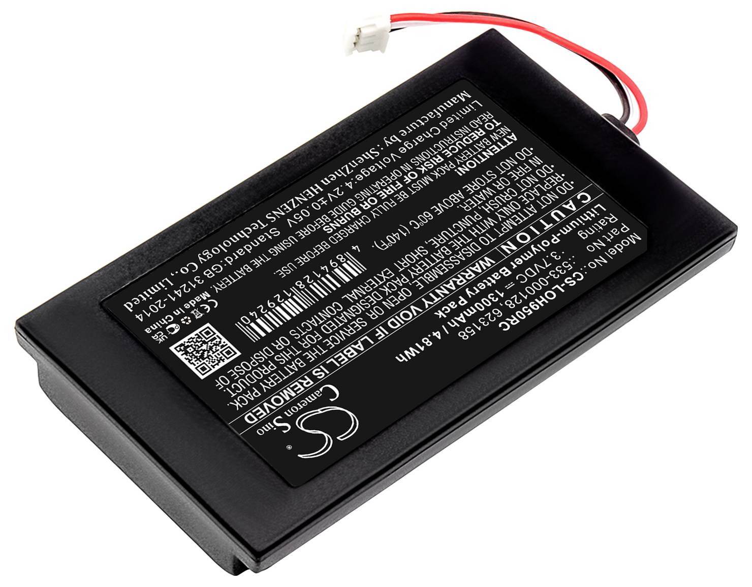 Černý lithium-polymerový akumulátor s vytištěnými technickými specifikacemi a červeným a černým kabelem.