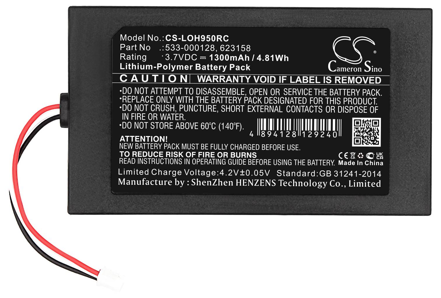 Lithium-polymerová baterie, model CS-LOH950RC, 3,7V, 1300mAh, 4,81Wh. Výstražná upozornění: Nerozebírejte, nestlačujte ani nevhazujte do ohně.