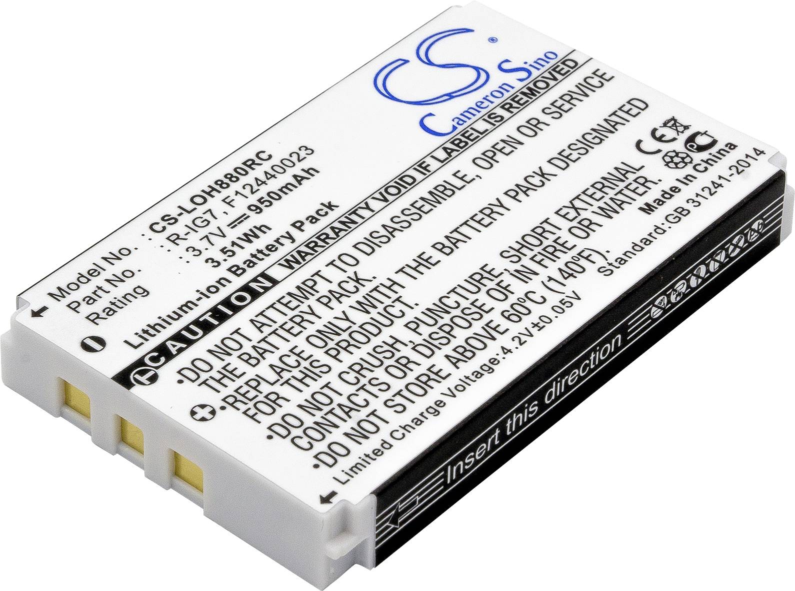 Lithium-iontová baterie se specifikací: Číslo modelu CS-LOH880RC, 7,4V, 3050mAh. Uvedena upozornění pro bezpečné zacházení.