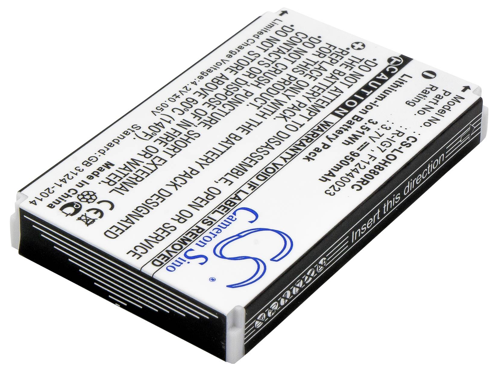Obdélníková lithium-iontová baterie s označením napětí a kapacity. Nápis pro správný směr vložení.