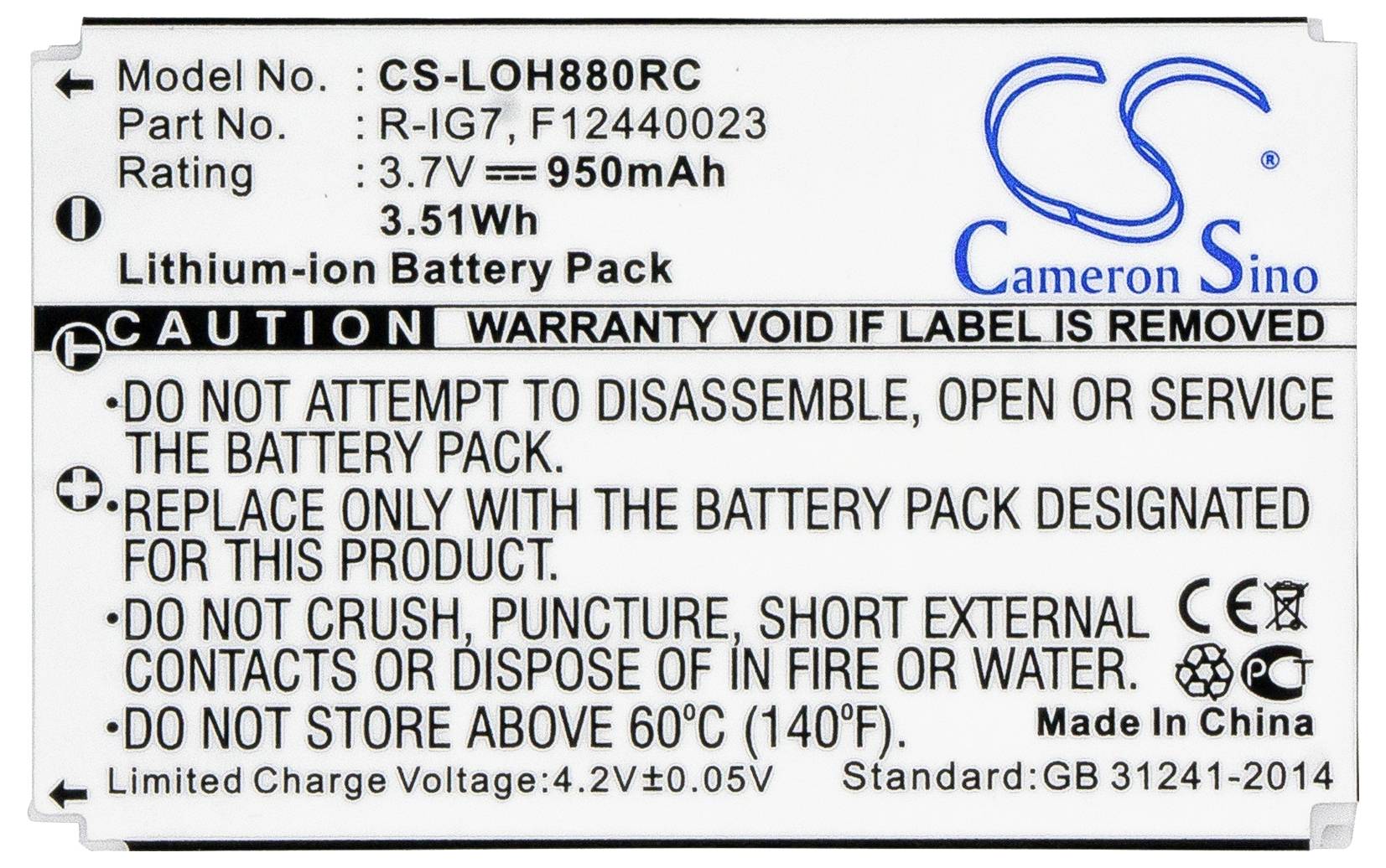 Štítek na lithium-iontové baterii se specifikacemi: Model CS-LOH880RC, 3,7V, 950mAh, upozornění k použití a skladování.