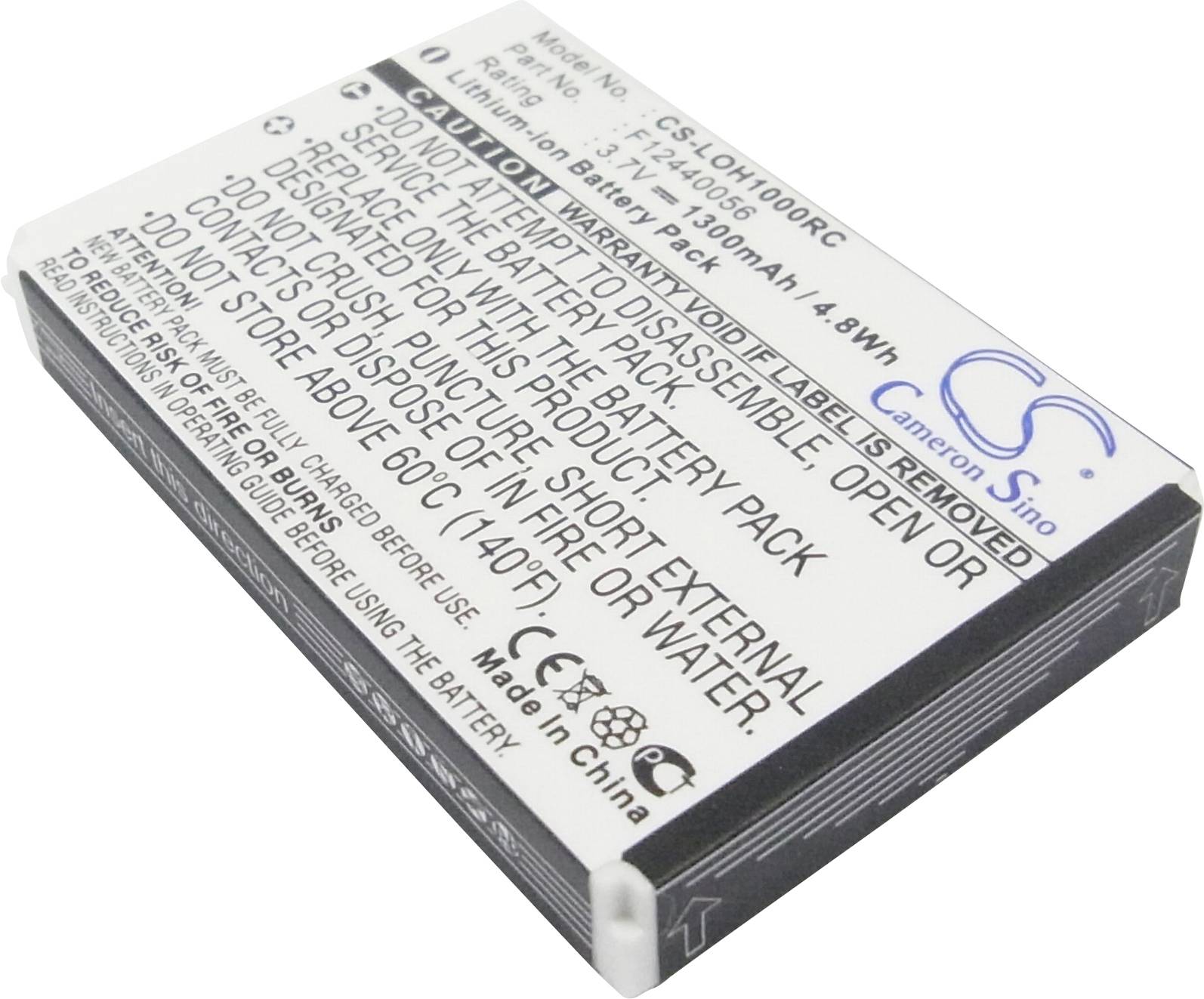 Lithium-iontový akumulátor s textovým potiskem, včetně výstražných upozornění jako 'Nemačkat' a 'Nepoužívat při teplotě nad 60°C'.