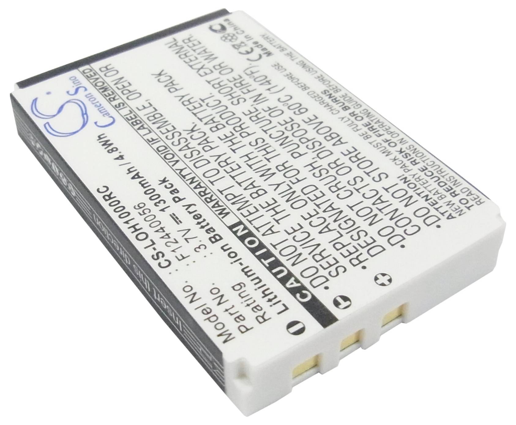 Lithium-iontová baterie s nápisem 'Model No: CS-LO003RC, 3,7V, 4300mAh' a bezpečnostními varováními. Bílé pouzdro se třemi konektory.