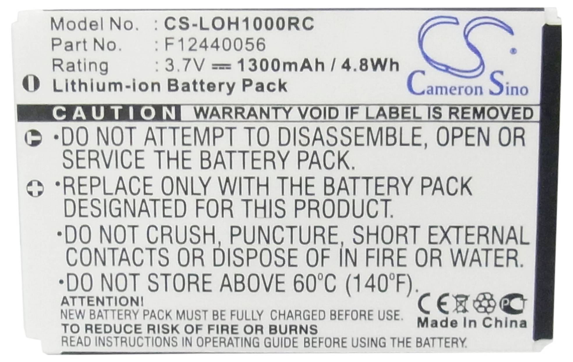 Lithium-iontový akumulátor, model CS-LOH10006, 3,7V, 1300mAh/4,8Wh. Výstražná upozornění: Nerozebírejte, nezkratujte ani neskladujte při teplotách nad 60°C.