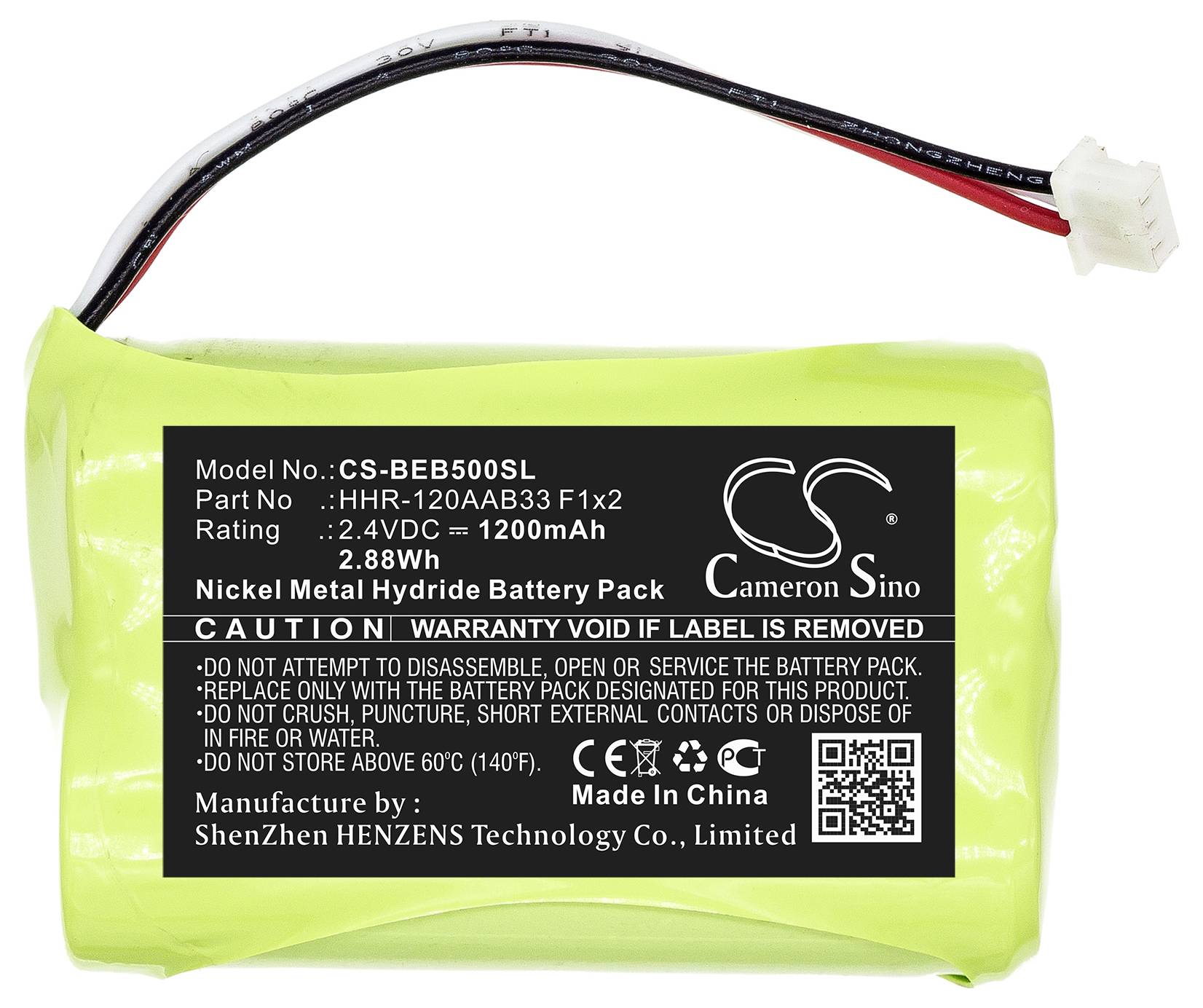 Zelený nikl-metalhydridový akumulátor s černým štítkem. Technické údaje: 2,4V, 1200mAh, 2,88Wh. Varování: Nerozebírejte ani nezkratujte. Vyrobeno v Číně.