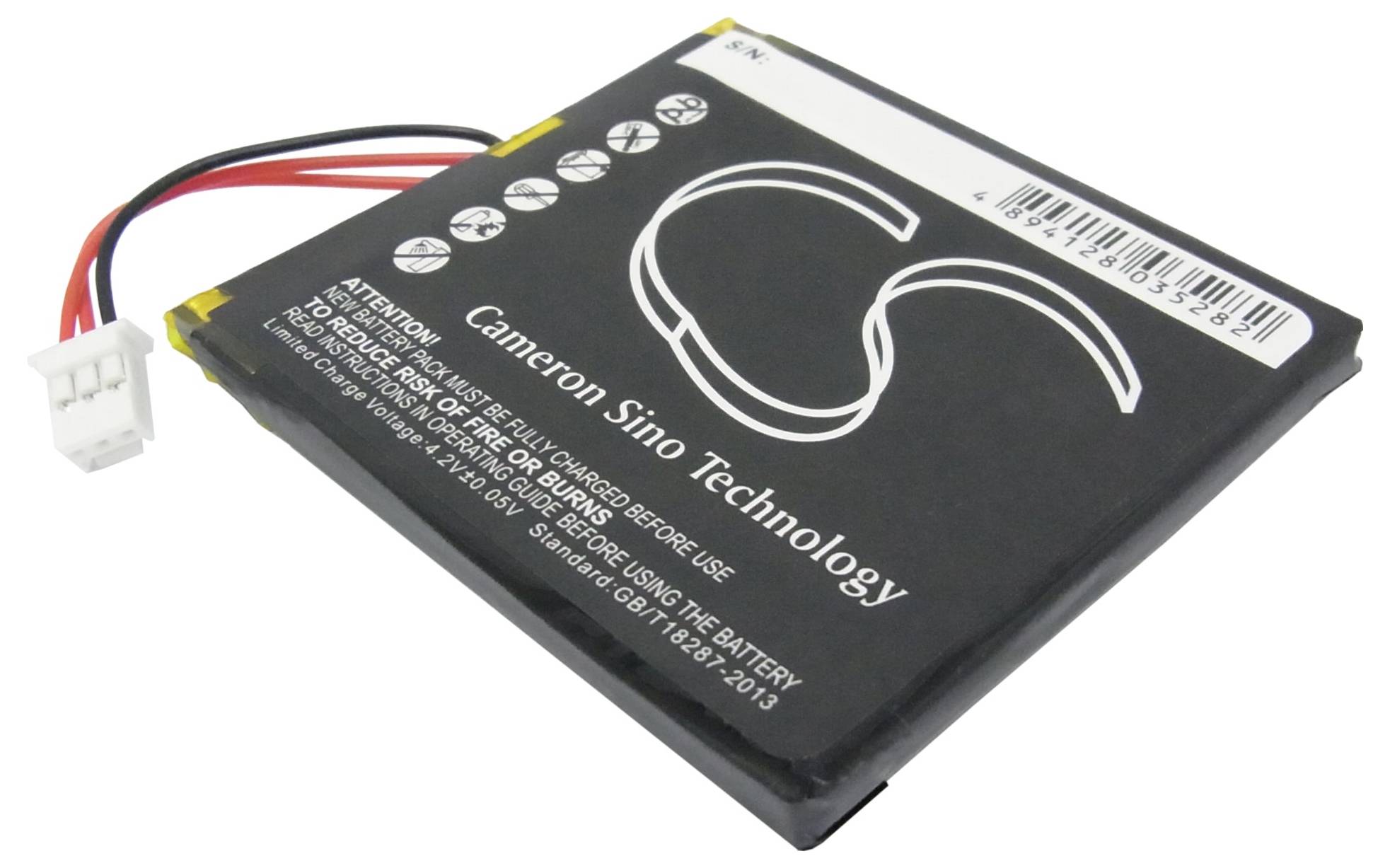 Obdélníková lithium-iontová baterie s kabely a konektorem. Nápis 'Cameron Sino Technology' zobrazuje informace o výrobci.
