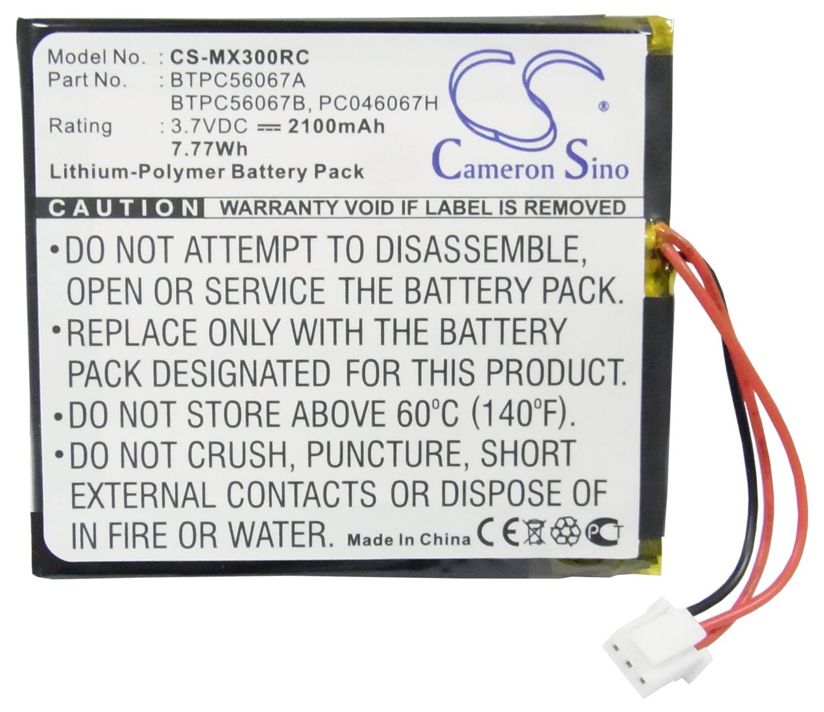 Akumulátor s nápisem 'NEPOKOUŠEJTE SE AKUMULÁTOROVÝ PACK ROZEBÍRAT, OTEVÍRAT NEBO OPRAVOVAT'. Model: CS-MX300RC. 3,7V, 7,77Wh.