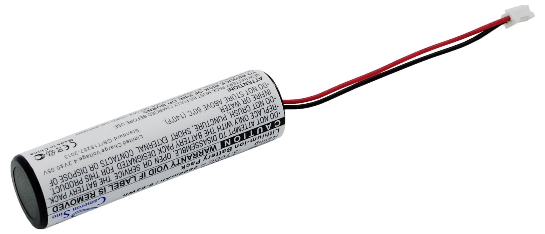 Válcová baterie s kabelem a konektorem, obklopená anglickým potiskem. Určena především pro elektronická zařízení.