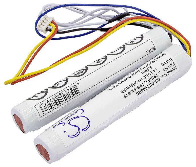 Dvě válcové baterie s kabely a připojením, označené technickými specifikacemi pro elektronická zařízení.