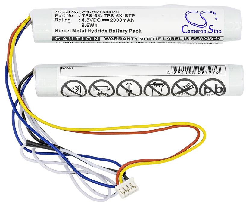 Dvě sériově zapojené NiMH baterie s kabely a konektorem. Kapacita: 2000mAh, napětí: 9,6V. Nápis varuje před ztrátou záruky.