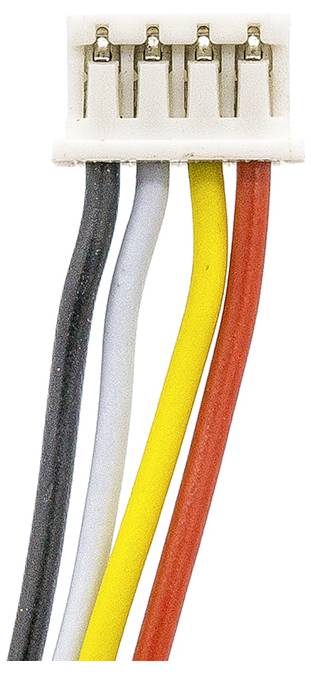 Bílý konektor se čtyřmi kabely v černé, šedé, žluté a červené barvě. Vyzařuje technické nebo elektronické spojení.