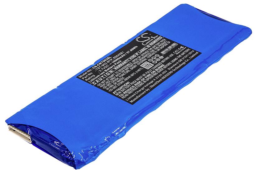 Podlouhlá, modrá lithium-iontová baterie s černým štítkem obsahujícím technické specifikace a bezpečnostní pokyny.