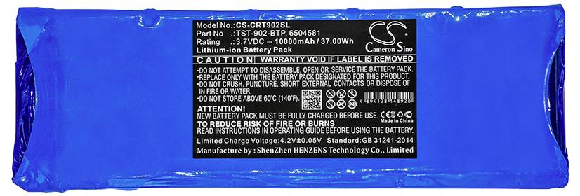 Modrá lithium-iontová baterie s etiketou: Model č. CS-CRT902SL, 3,7V, 10000mAh. Upozornění týkající se záruky a bezpečnosti.