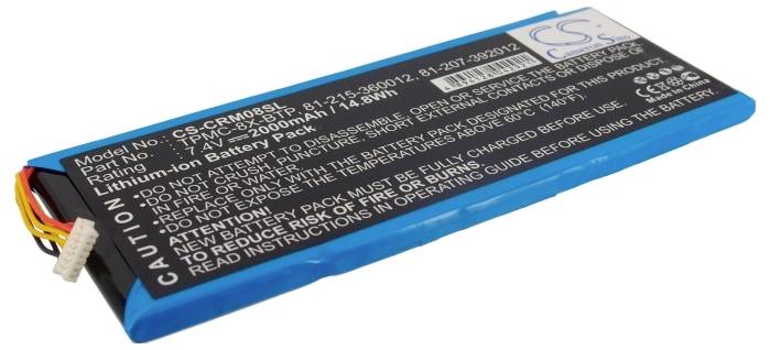 Modrá lithium-iontová baterie s číslem modelu, napětím, kapacitou a bezpečnostními pokyny na horní straně.