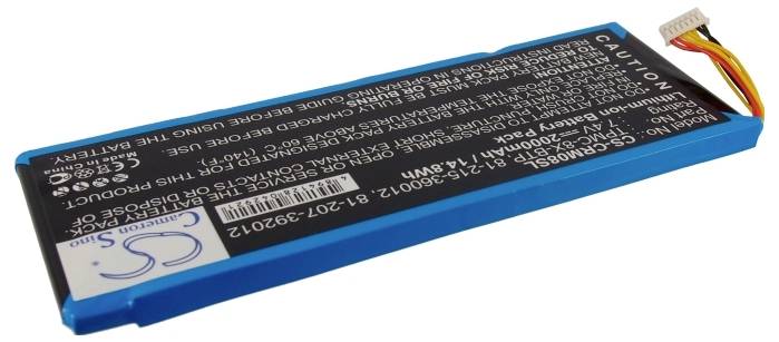 Obdélníková, modrá lithium-polymerová baterie s bílým štítkem a bezpečnostními varováními. Vpravo nahoře vyčnívá kabel.