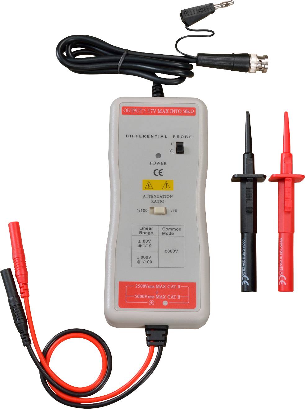Diferenciální měřicí hrot s červenými a černými měřicími vodiči, vhodný pro max. 150 MHz a 2000 V. S indikací napětí a BNC připojovacím kabelem.
