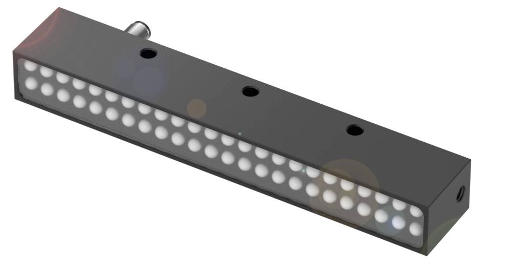 Obdélníková, černá LED svítilna s několika světelnými diodami v řadě, vhodná pro průmyslové nebo technické aplikace.