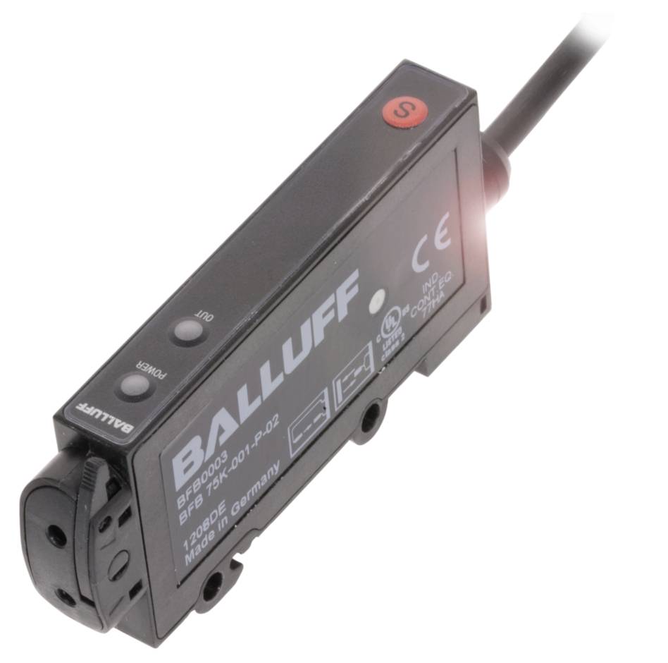 Optický senzor značky Balluff s kabelovým připojením, modelové číslo BFB 0000, černý, zkušební značka CE a Made in Germany.