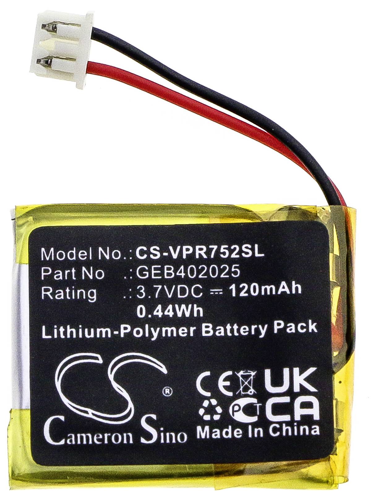 Lithium-polymerový akumulátor, 3,7VDC, 120mAh, model 'CS-VPR752SL', dílenské číslo 'GEB402025', vyrobeno v Číně, označení CE a UKCA.