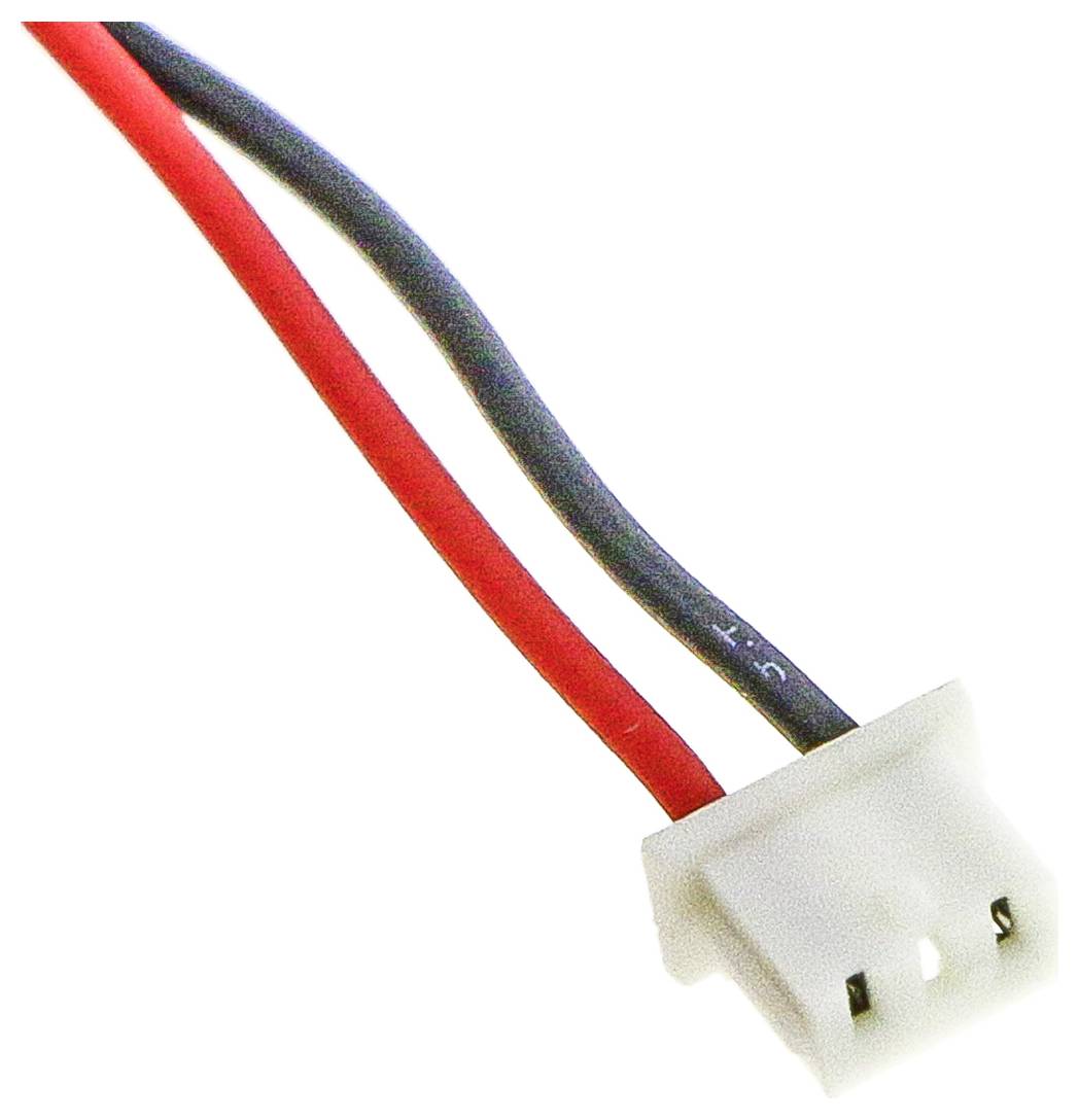 Malá, bílá elektrická zástrčka s červenými a černými kabely, které jsou připojené.