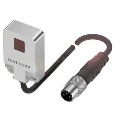 Obdélníkový, stříbrný senzor s nápisem 'Balluff' je spojen se stočeným, černým kabelem.