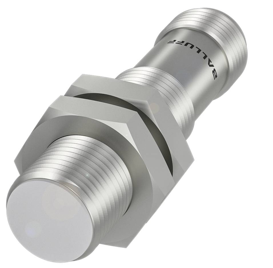 Válcový, kovový indukční snímač se šestihrannou maticí pro upevnění. Na povrchu je viditelný štítek 'BALLUFF'.