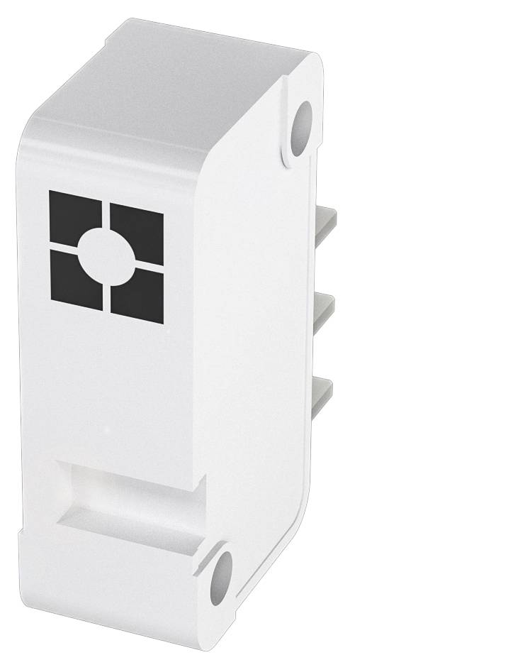 Bílá elektronická součástka se třemi připojovacími kontakty a čtvercovým emblémem na přední straně.