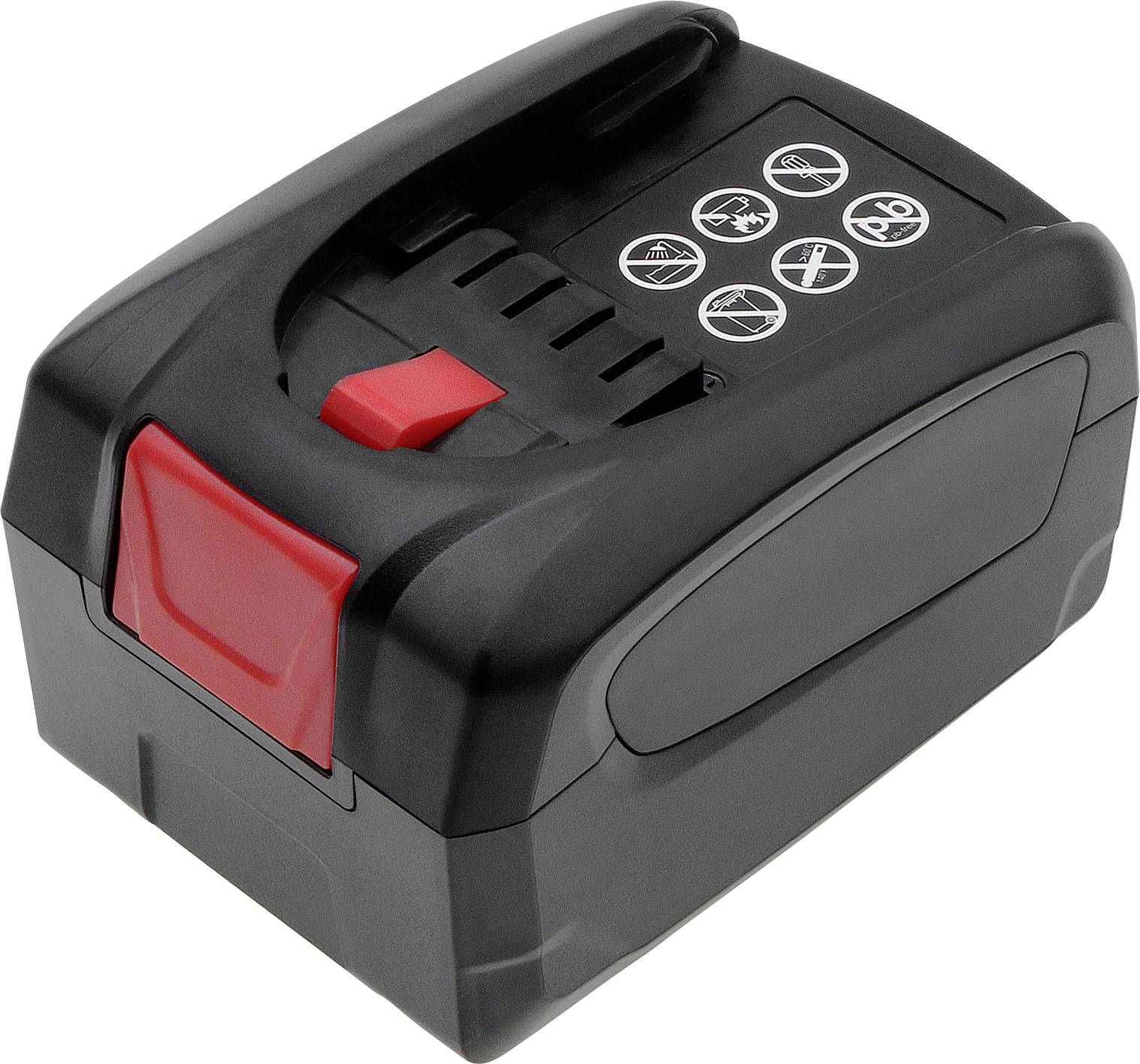 Černý akumulátorový pack s červenou rukojetí a symboly na horní straně pro bezpečnostní pokyny. Vhodný pro elektrické nářadí.