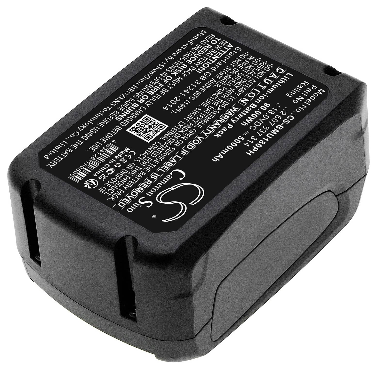 Černý akumulátorový pack s technickým štítkem, který zobrazuje specifikace jako napětí, kapacitu a údaje výrobce.