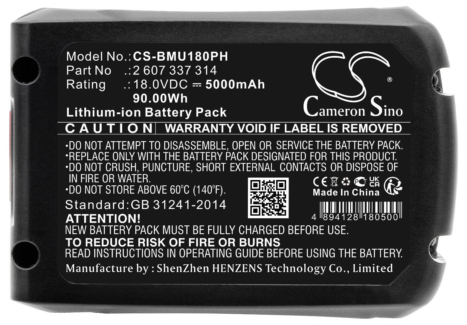 Lithium-iontová baterie s kapacitou 5000 mAh. Nápis: 'Nepoškozujte ani neotevírejte, abyste předešli požáru/popáleninám'. Vyrobeno v Číně.